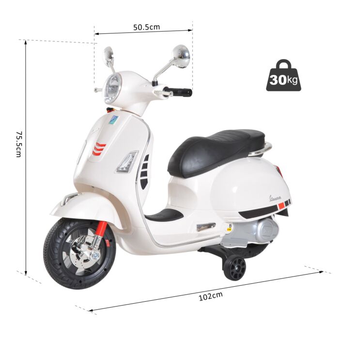 Vespa Kids Ride On Motorcycle, 6v, W/led Lights - White - Homcom