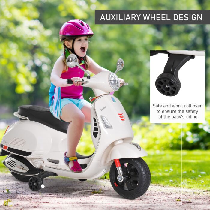 Vespa Kids Ride On Motorcycle, 6v, W/led Lights - White - Homcom