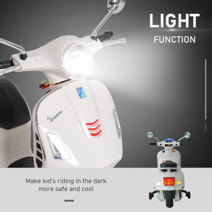 Vespa Kids Ride On Motorcycle, 6v, W/led Lights - White - Homcom