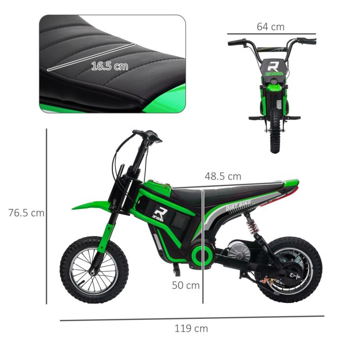 Homcom 24v Electric Motorbike, Dirt Bike With Twist Grip Throttle, Music Horn, 12" Pneumatic Tyres, 16 Km/h Max. Speed, Green