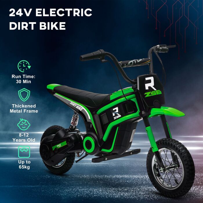 Homcom 24v Electric Motorbike, Dirt Bike With Twist Grip Throttle, Music Horn, 12" Pneumatic Tyres, 16 Km/h Max. Speed, Green