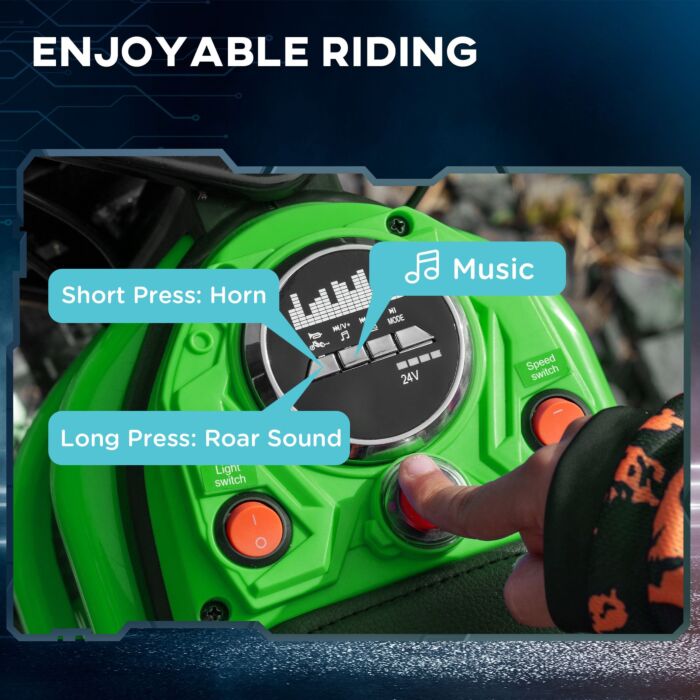 Homcom 24v Electric Motorbike, Dirt Bike With Twist Grip Throttle, Music Horn, 12" Pneumatic Tyres, 16 Km/h Max. Speed, Green
