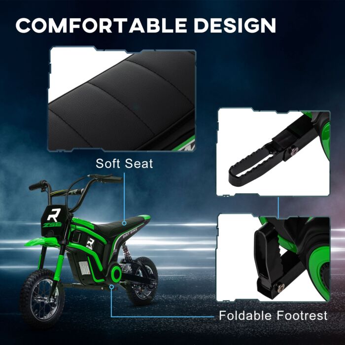 Homcom 24v Electric Motorbike, Dirt Bike With Twist Grip Throttle, Music Horn, 12" Pneumatic Tyres, 16 Km/h Max. Speed, Green