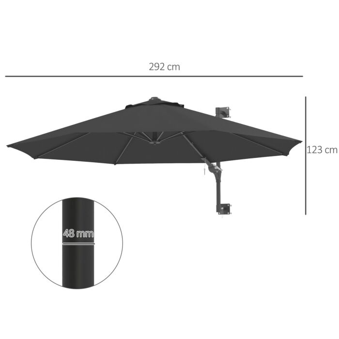 Outsunny Wall Mounted Umbrella With Vent, Garden Patio Parasol Umbrella Sun Shade Canopy, Charcoal Grey