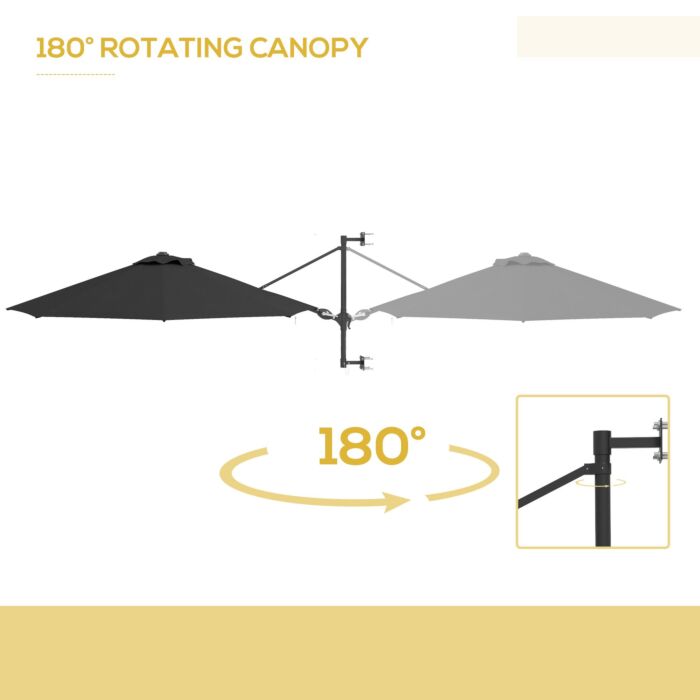 Outsunny Wall Mounted Umbrella With Vent, Garden Patio Parasol Umbrella Sun Shade Canopy, Charcoal Grey