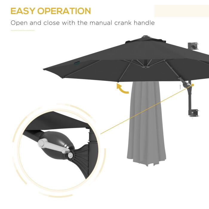 Outsunny Wall Mounted Umbrella With Vent, Garden Patio Parasol Umbrella Sun Shade Canopy, Charcoal Grey