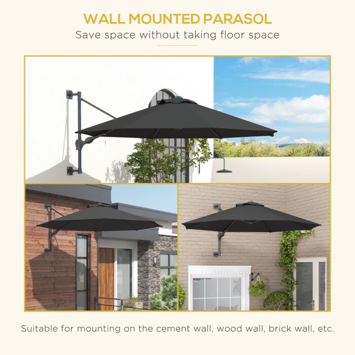 Outsunny Wall Mounted Umbrella With Vent, Garden Patio Parasol Umbrella Sun Shade Canopy, Charcoal Grey