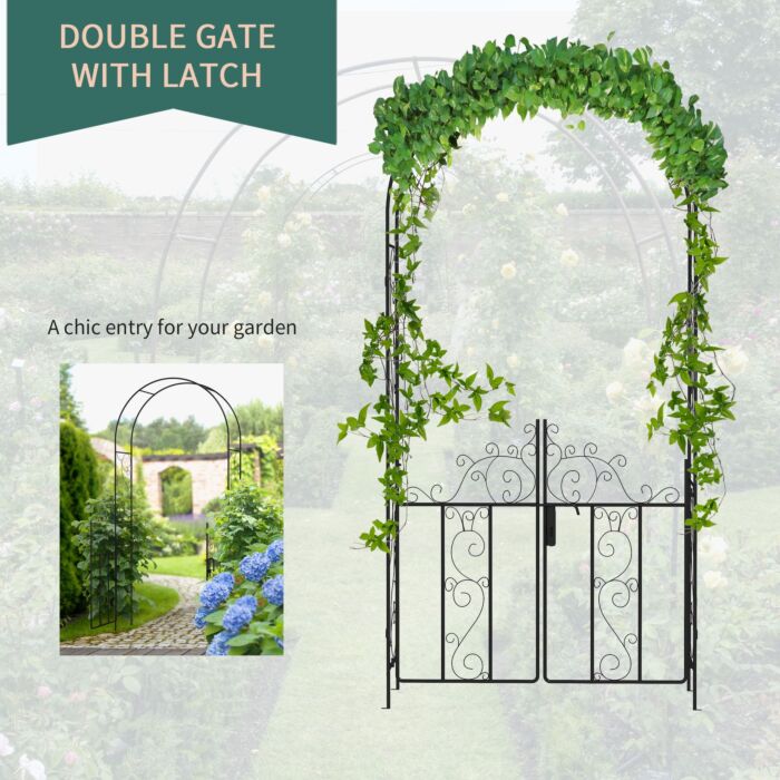 Outsunny Outdoor Garden Arch With Double Gates, Metal Garden Arbor For Climbing Plants, Roses, Vines, Wedding Arch For Outdoor, 125l X 38w X 227h Cm, Black