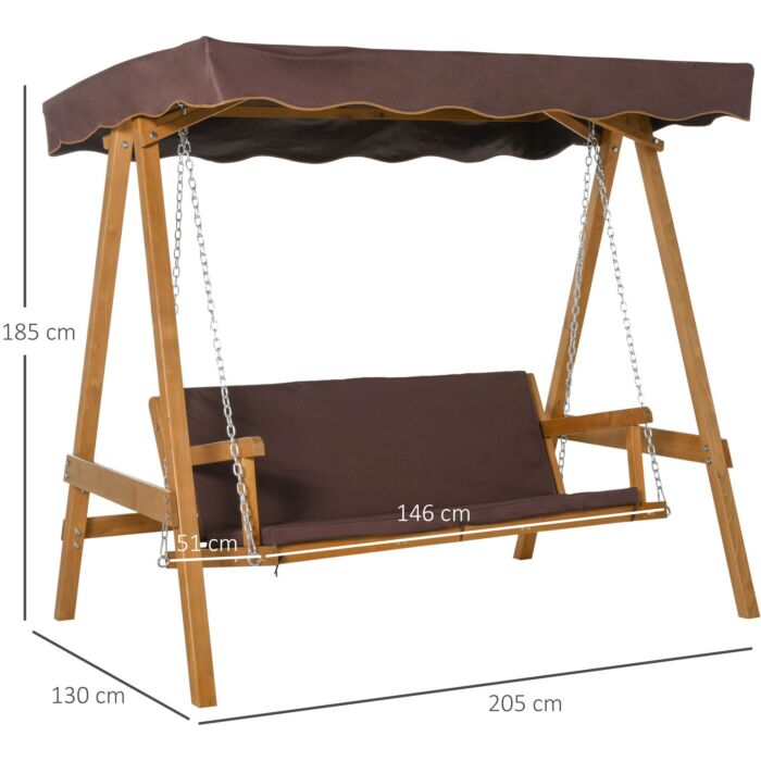 Outsunny 3 Seater Outdoor Garden Swing Chair With Adjustable Canopy, Wooden Hammock Bench With Padded Cushions For Patio Yard, Brown