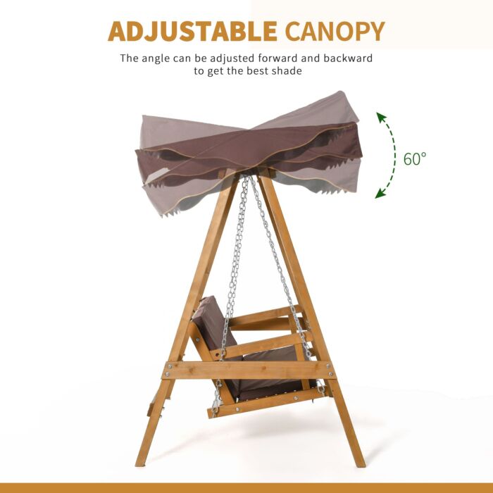 Outsunny 3 Seater Outdoor Garden Swing Chair With Adjustable Canopy, Wooden Hammock Bench With Padded Cushions For Patio Yard, Brown