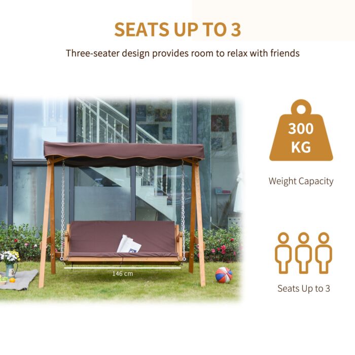 Outsunny 3 Seater Outdoor Garden Swing Chair With Adjustable Canopy, Wooden Hammock Bench With Padded Cushions For Patio Yard, Brown
