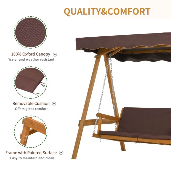 Outsunny 3 Seater Outdoor Garden Swing Chair With Adjustable Canopy, Wooden Hammock Bench With Padded Cushions For Patio Yard, Brown