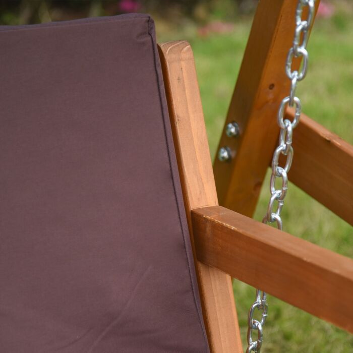 Outsunny 3 Seater Outdoor Garden Swing Chair With Adjustable Canopy, Wooden Hammock Bench With Padded Cushions For Patio Yard, Brown