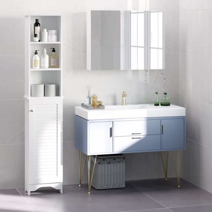 Homcom Freestanding Tallboy Bathroom Storage Cabinet W/ 6 Shelves Cupboard Tower Organisation Home Bathroom Furniture White