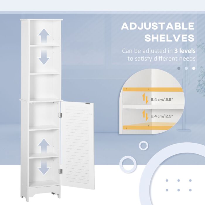 Homcom Freestanding Tallboy Bathroom Storage Cabinet W/ 6 Shelves Cupboard Tower Organisation Home Bathroom Furniture White