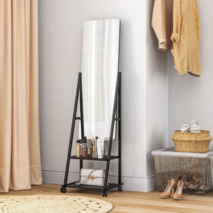 Homcom Free Standing Dressing Mirror, Rolling Full Length Mirror On Wheels With Adjustable Angle, Storage Shelves