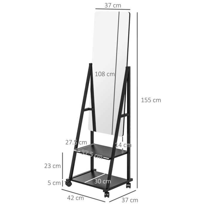 Homcom Free Standing Dressing Mirror, Rolling Full Length Mirror On Wheels With Adjustable Angle, Storage Shelves