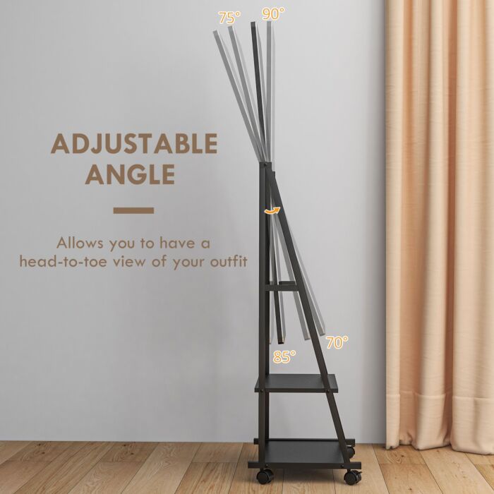 Homcom Free Standing Dressing Mirror, Rolling Full Length Mirror On Wheels With Adjustable Angle, Storage Shelves