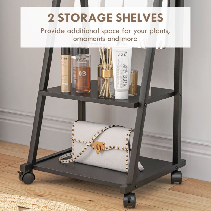 Homcom Free Standing Dressing Mirror, Rolling Full Length Mirror On Wheels With Adjustable Angle, Storage Shelves