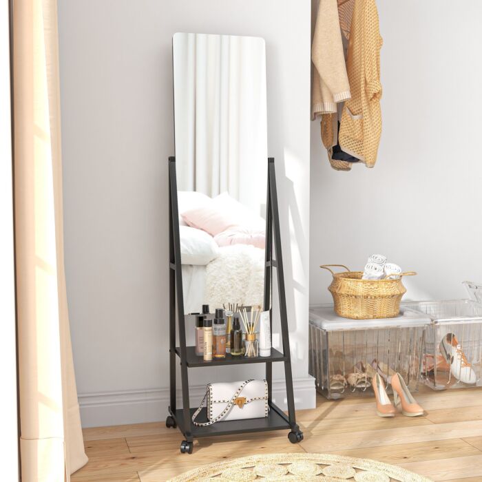 Homcom Free Standing Dressing Mirror, Rolling Full Length Mirror On Wheels With Adjustable Angle, Storage Shelves