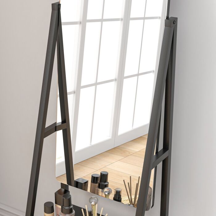 Homcom Free Standing Dressing Mirror, Rolling Full Length Mirror On Wheels With Adjustable Angle, Storage Shelves