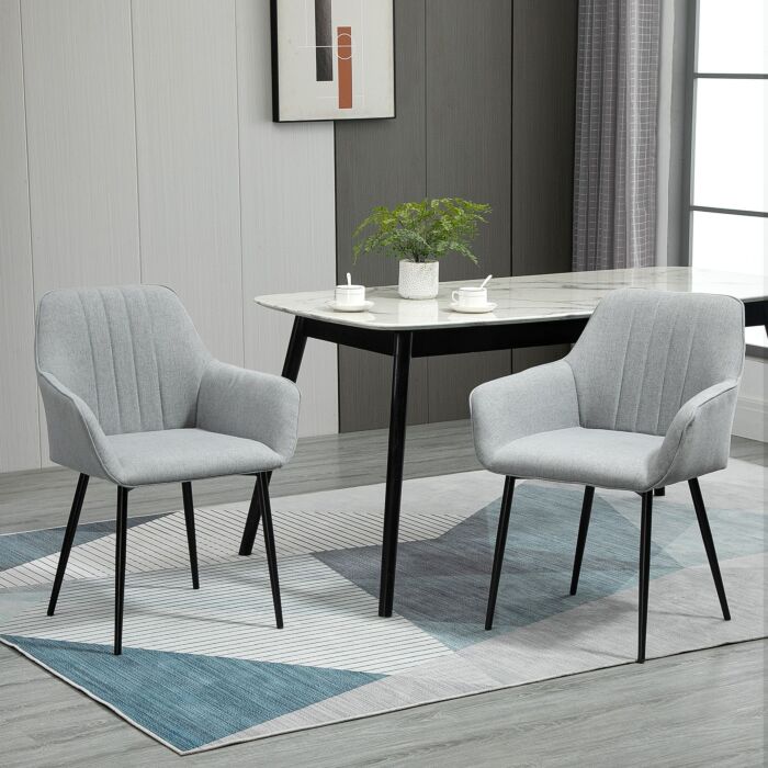 Homcom Dining Chairs Upholstered Linen Fabric Accent Chairs With Metal Legs, Set Of 2, Light Grey