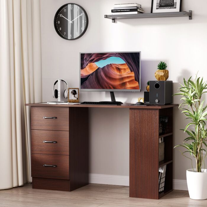 Homcom 120cm Computer Desk With Storage Shelves Drawers, Writing Table Study Workstation For Home Office, Walnut Brown