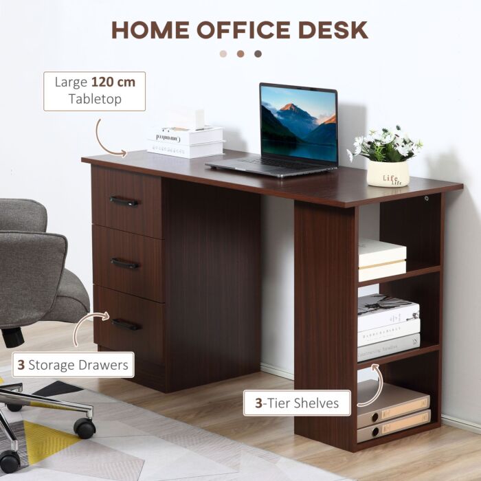 Homcom 120cm Computer Desk With Storage Shelves Drawers, Writing Table Study Workstation For Home Office, Walnut Brown