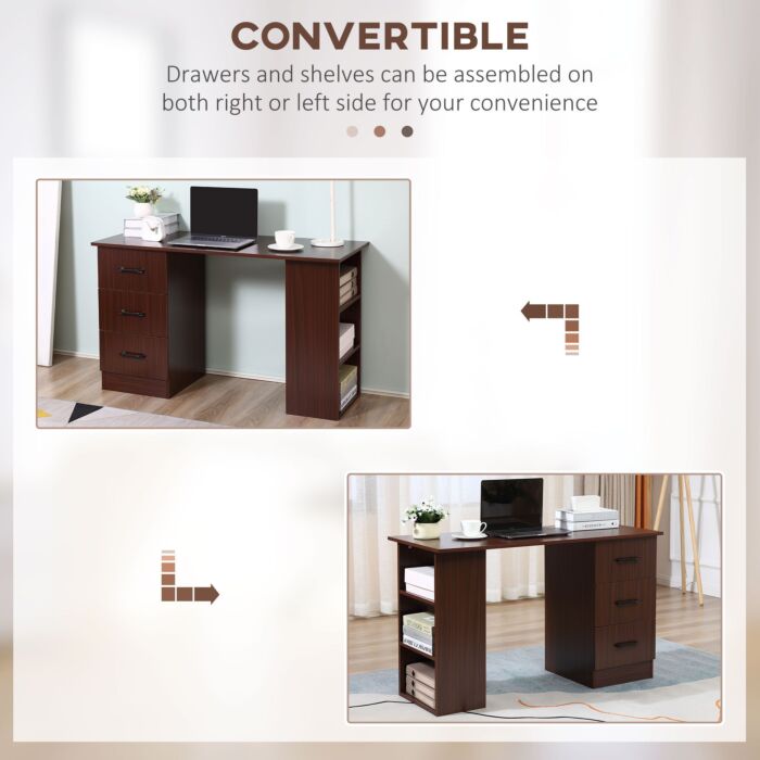 Homcom 120cm Computer Desk With Storage Shelves Drawers, Writing Table Study Workstation For Home Office, Walnut Brown