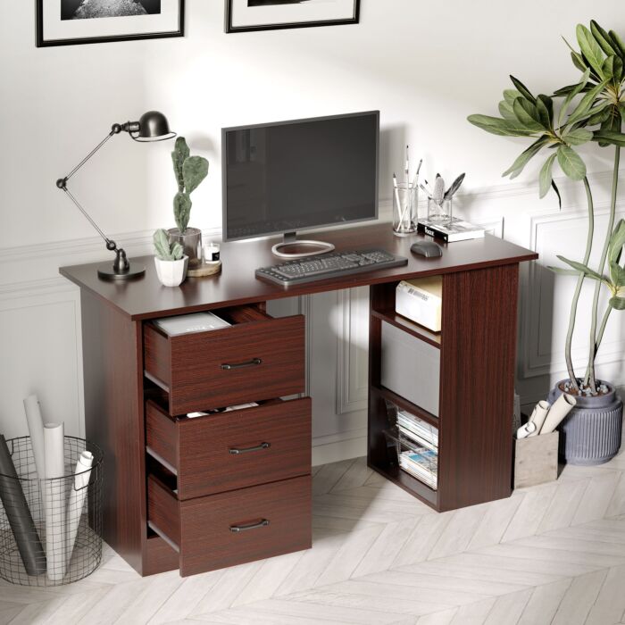 Homcom 120cm Computer Desk With Storage Shelves Drawers, Writing Table Study Workstation For Home Office, Walnut Brown
