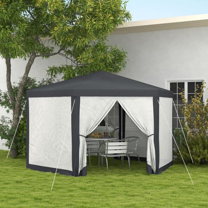 Outsunny 4m Hexagon Gazebo, Netting Party Tent, Patio Canopy Outdoor Event Shelter For Activities, Shade Resistant, Dark Grey