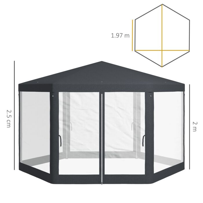 Outsunny 4m Hexagon Gazebo, Netting Party Tent, Patio Canopy Outdoor Event Shelter For Activities, Shade Resistant, Dark Grey