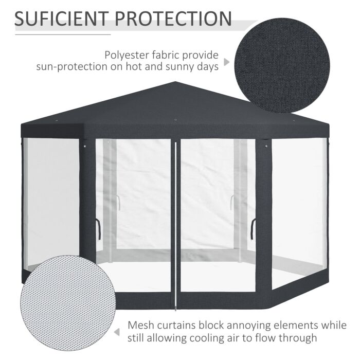 Outsunny 4m Hexagon Gazebo, Netting Party Tent, Patio Canopy Outdoor Event Shelter For Activities, Shade Resistant, Dark Grey