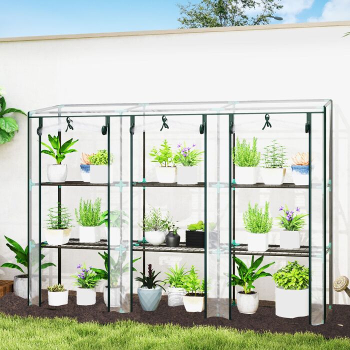 Outsunny 3 Tier Lean-to Mini Greenhouse With Reinforced Plastic Cover, Portable Small Greenhouse With 3 Roll-up Doors, 215 X 46 X 151cm, Clear