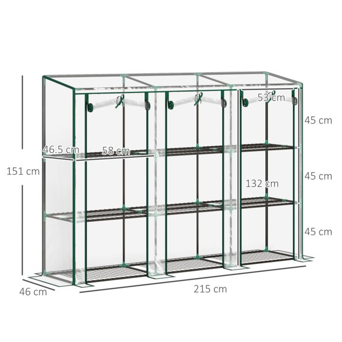 Outsunny 3 Tier Lean-to Mini Greenhouse With Reinforced Plastic Cover, Portable Small Greenhouse With 3 Roll-up Doors, 215 X 46 X 151cm, Clear