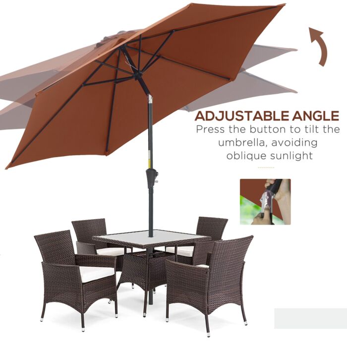 Outsunny 2.7m Parasol Patio Tilt Umbrella Sun Umbrella Outdoor Garden Sunshade Aluminium Frame With Crank, Coffee