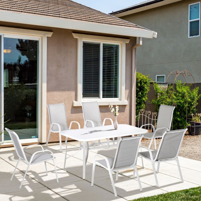 Outsunny 7 Piece Garden Dining Set With Dining Table And Chairs, 6 Seater Outdoor Patio Furniture W/ Parasol Hole, Grey