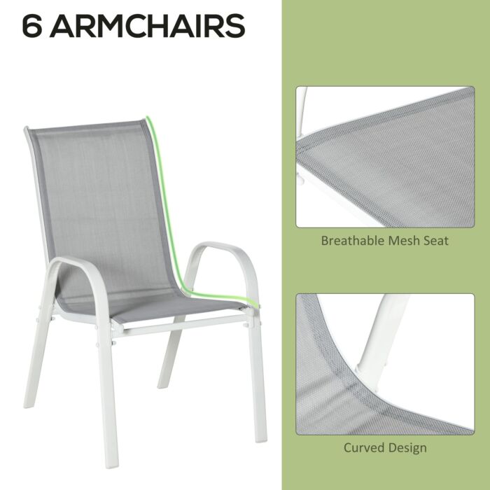 Outsunny 7 Piece Garden Dining Set With Dining Table And Chairs, 6 Seater Outdoor Patio Furniture W/ Parasol Hole, Grey