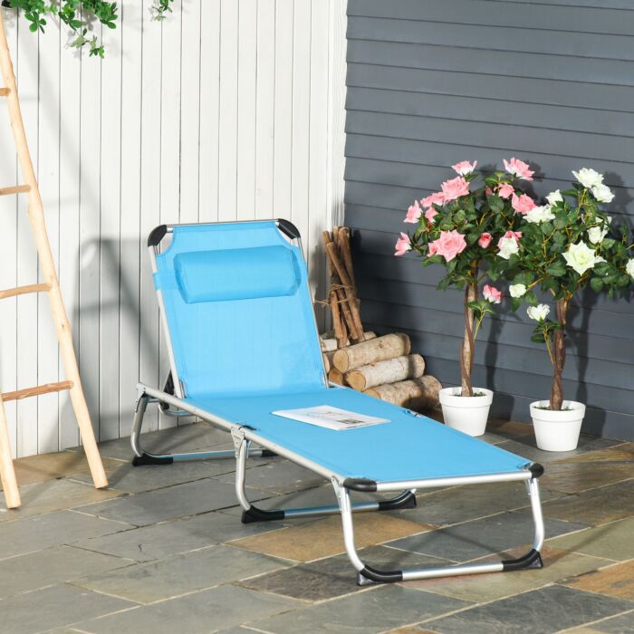 Outsunny Foldable Reclining Sun Lounger Lounge Chair Camping Bed Cot With Pillow 5-level Adjustable Back Aluminium Frame Blue