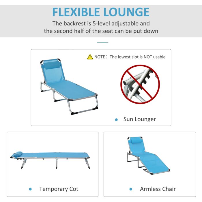 Outsunny Foldable Reclining Sun Lounger Lounge Chair Camping Bed Cot With Pillow 5-level Adjustable Back Aluminium Frame Blue