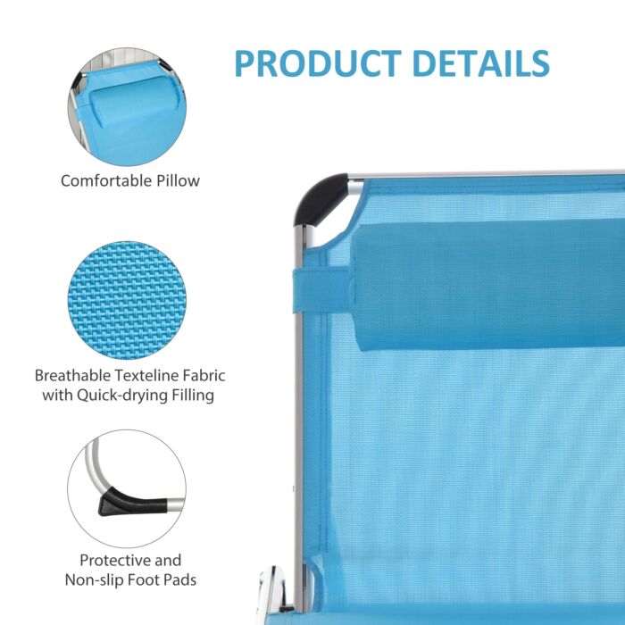 Outsunny Foldable Reclining Sun Lounger Lounge Chair Camping Bed Cot With Pillow 5-level Adjustable Back Aluminium Frame Blue