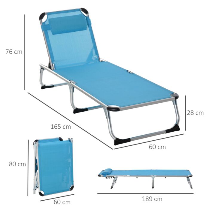 Outsunny Foldable Reclining Sun Lounger Lounge Chair Camping Bed Cot With Pillow 5-level Adjustable Back Aluminium Frame Blue