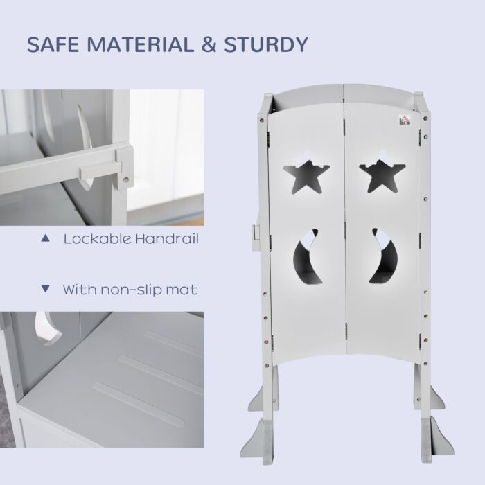 Homcom Kids Step Stool Toddler Kitchen Stool With Blackboard Lockable Handrail For Kids Kitchen Counter Grey