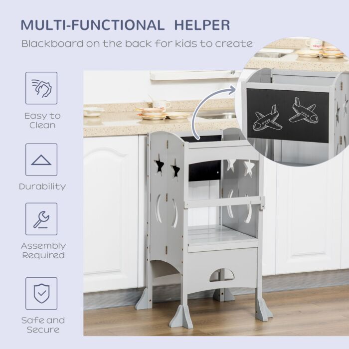 Homcom Kids Step Stool Toddler Kitchen Stool With Blackboard Lockable Handrail For Kids Kitchen Counter Grey