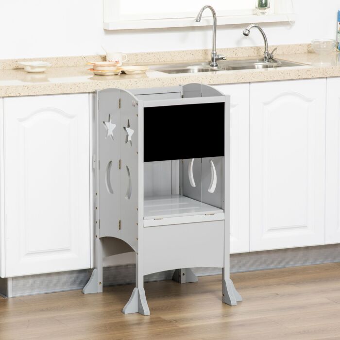 Homcom Kids Step Stool Toddler Kitchen Stool With Blackboard Lockable Handrail For Kids Kitchen Counter Grey