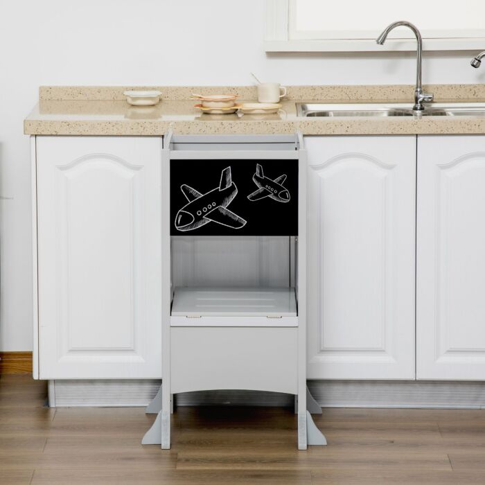 Homcom Kids Step Stool Toddler Kitchen Stool With Blackboard Lockable Handrail For Kids Kitchen Counter Grey