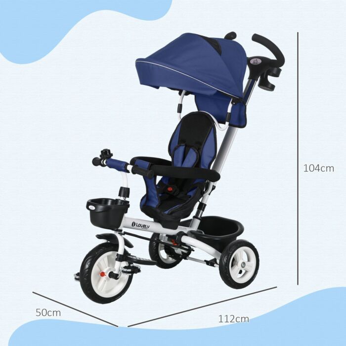 Homcom Metal Frame 4 In 1 Baby Push Tricycle With Parent Handle For 1-5 Years Old, Dark Blue