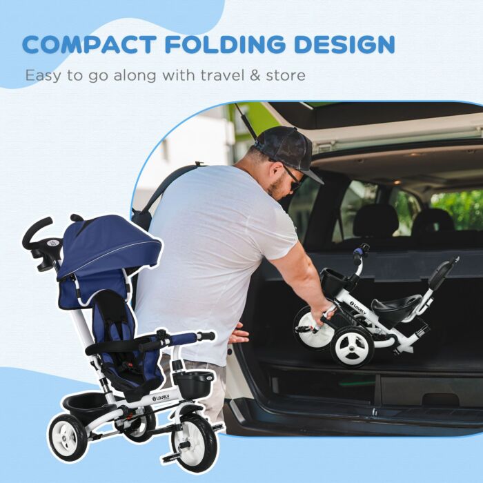 Homcom Metal Frame 4 In 1 Baby Push Tricycle With Parent Handle For 1-5 Years Old, Dark Blue