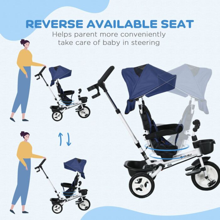 Homcom Metal Frame 4 In 1 Baby Push Tricycle With Parent Handle For 1-5 Years Old, Dark Blue