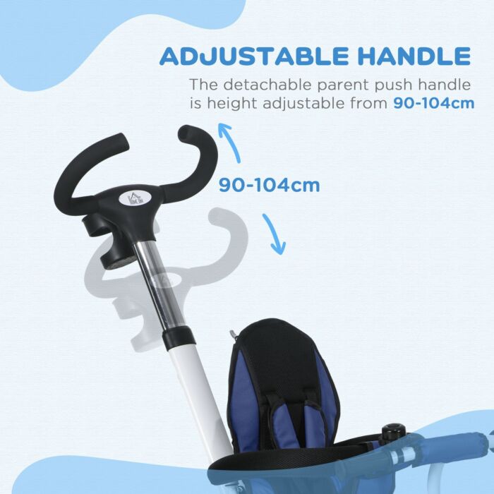 Homcom Metal Frame 4 In 1 Baby Push Tricycle With Parent Handle For 1-5 Years Old, Dark Blue